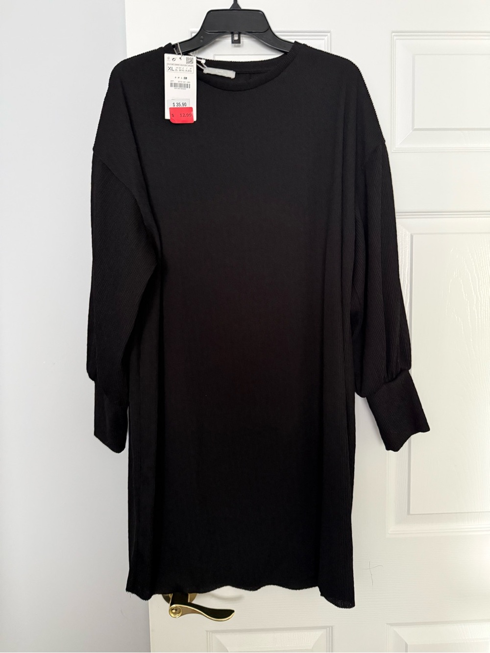 Zara Black Ribbed Balloon-Sleeve Long Dress